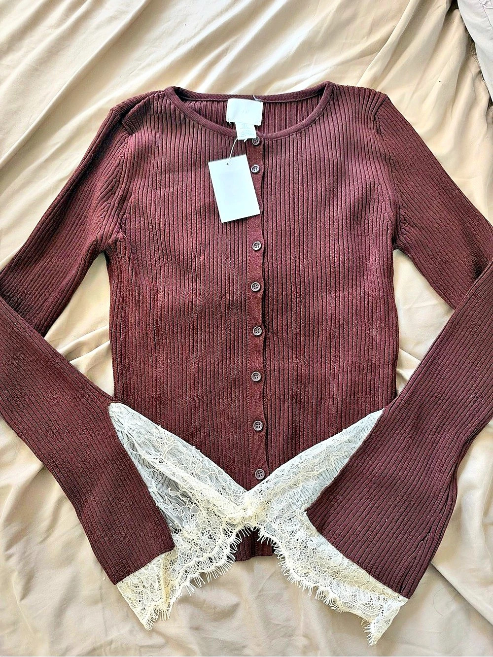 H&M Lace-Trimmed Rib-Knit Cardigan chocolate brown Small